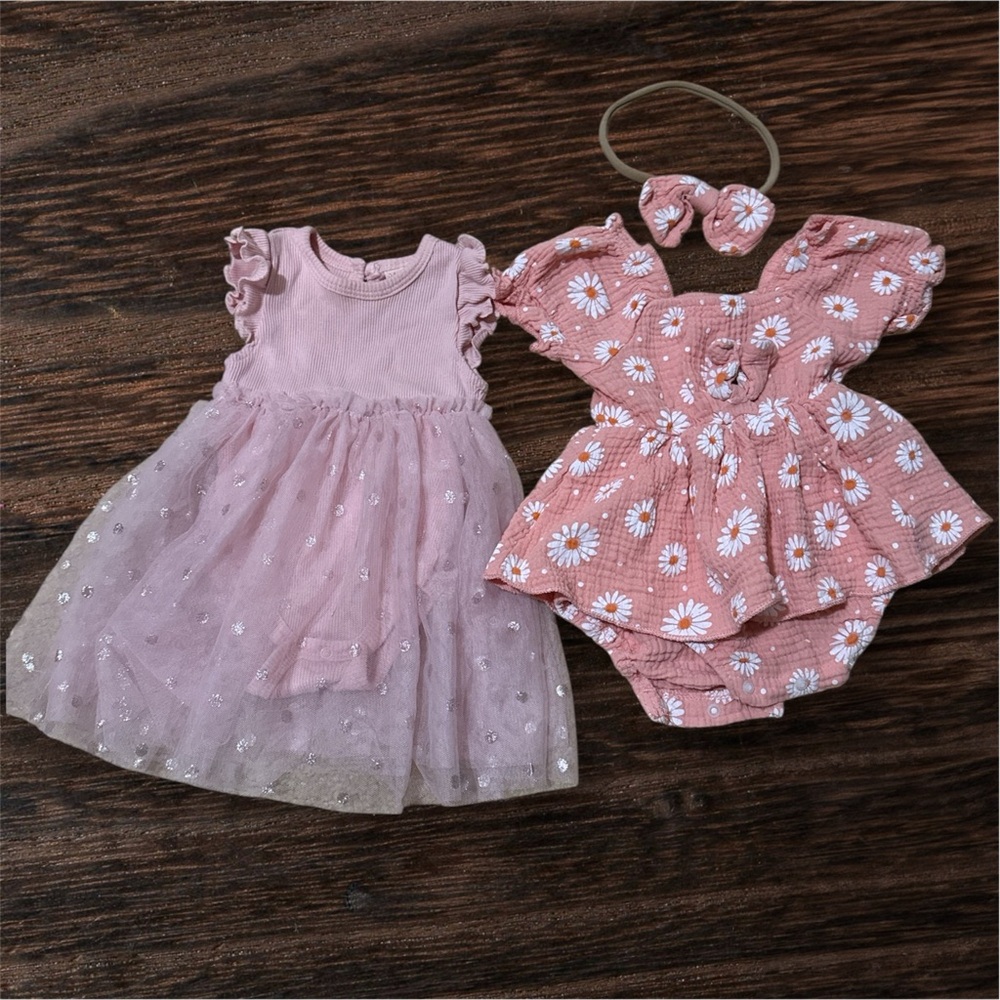Pink Baby Dress and Floral Romper Set $15 for all 4 outfit